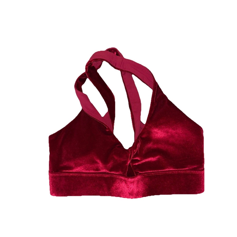 Fabletics Oasis Crushed Velour Twist Sports Bra Strawberry Red Athleisure Gym